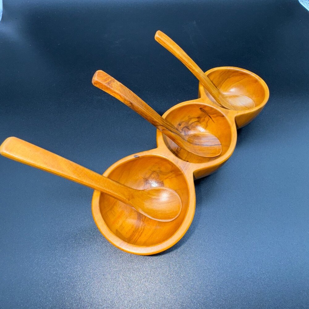 Vintage Wood Condiment, Spices or Nuts Server 3 partitions and Spoons